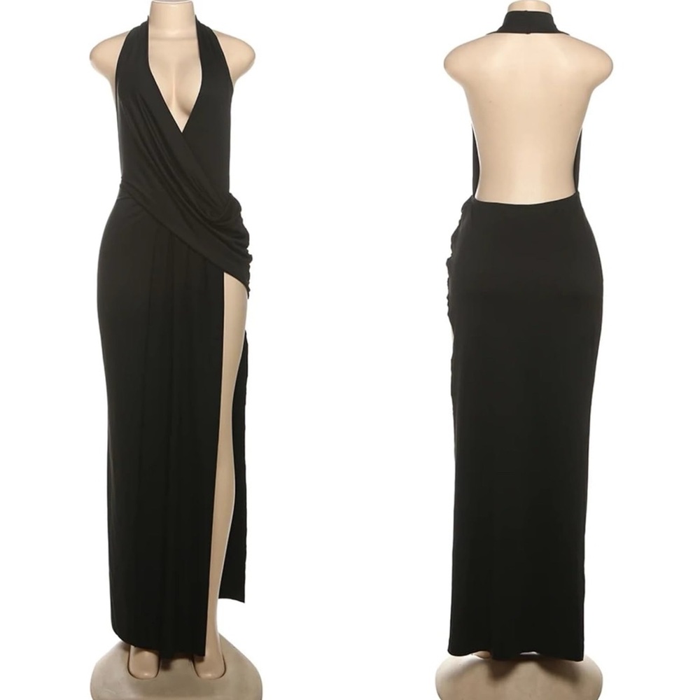 🆕 Sexy Black Backless Maxi Dress Gown w/ Side Slit